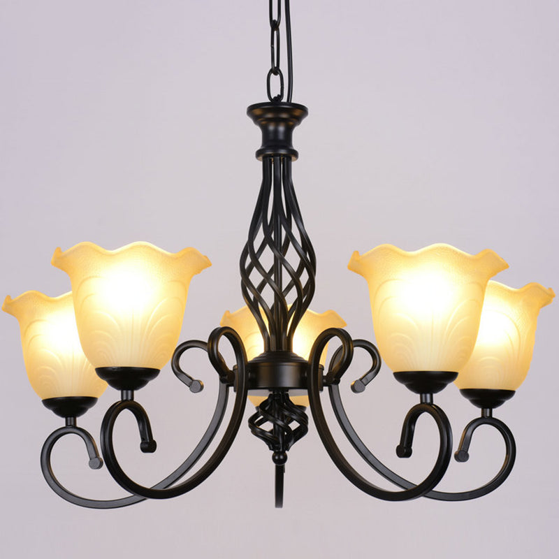 Ruffle Glass Floral Shade Chandelier Lighting Classic Living Room Pendant Light with Scroll Arm Clearhalo 'Ceiling Lights' 'Chandeliers' Lighting' options 2216987