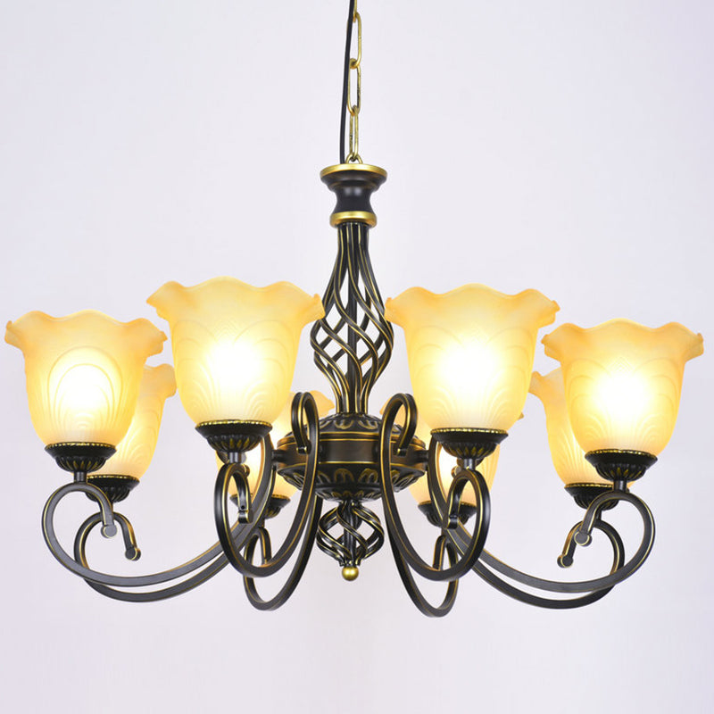 Ruffle Glass Floral Shade Chandelier Lighting Classic Living Room Pendant Light with Scroll Arm Clearhalo 'Ceiling Lights' 'Chandeliers' Lighting' options 2216990