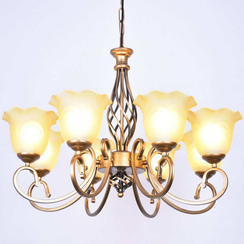 Ruffle Glass Floral Shade Chandelier Lighting Classic Living Room Pendant Light with Scroll Arm Clearhalo 'Ceiling Lights' 'Chandeliers' Lighting' options 2216996