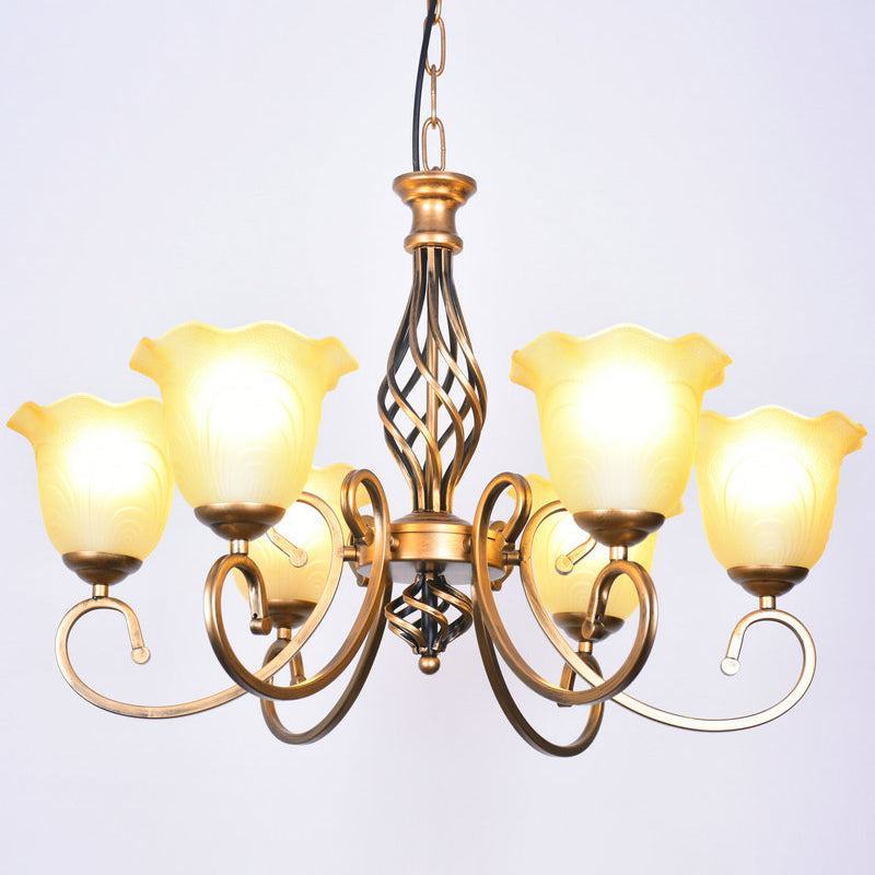 Ruffle Glass Floral Shade Chandelier Lighting Classic Living Room Pendant Light with Scroll Arm Clearhalo 'Ceiling Lights' 'Chandeliers' Lighting' options 2216997