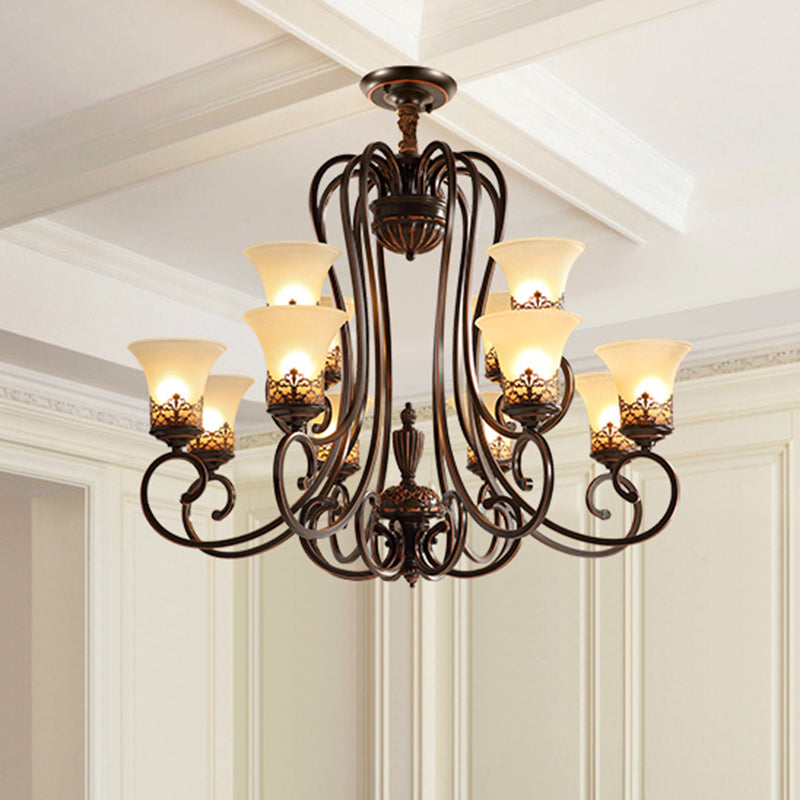 Red-Black Flared Shade Ceiling Lighting Traditional Frosted Glass Living Room Chandelier Light Fixture Clearhalo 'Ceiling Lights' 'Chandeliers' Lighting' options 2217001