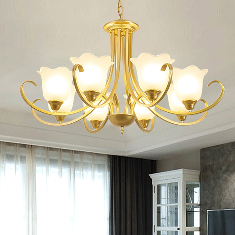 Retro Style Floral Shade Chandelier Light Frosted Glass Pendant Light Fixture with Curved Arm Clearhalo 'Ceiling Lights' 'Chandeliers' Lighting' options 2217009