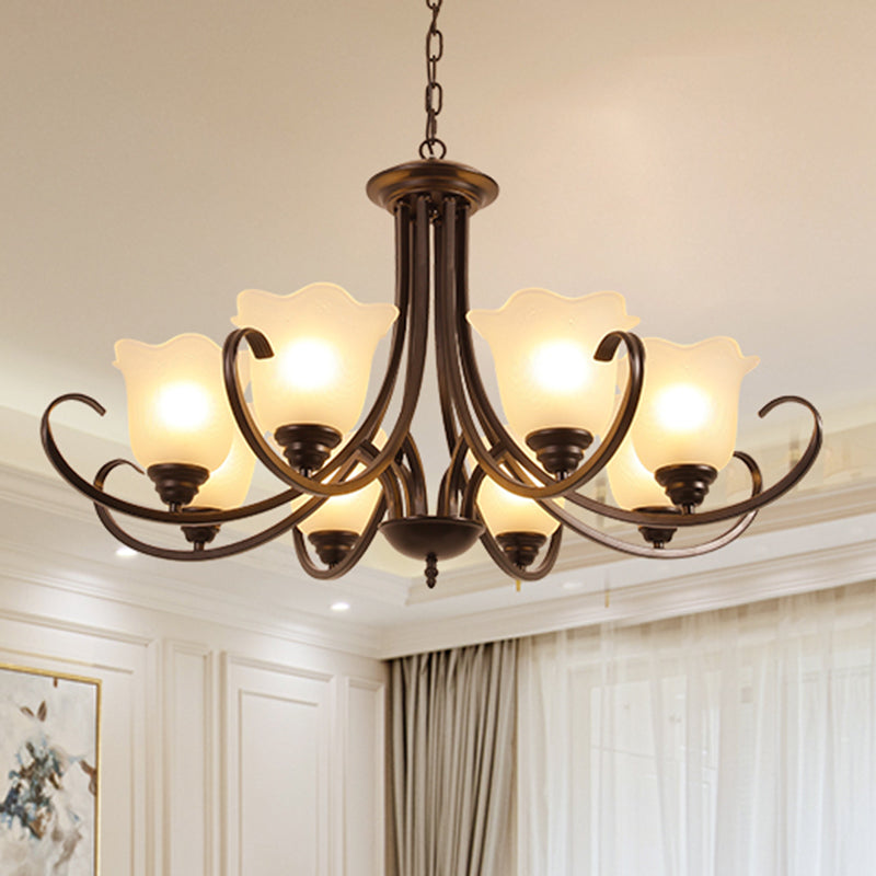 Retro Style Floral Shade Chandelier Light Frosted Glass Pendant Light Fixture with Curved Arm Clearhalo 'Ceiling Lights' 'Chandeliers' Lighting' options 2217010