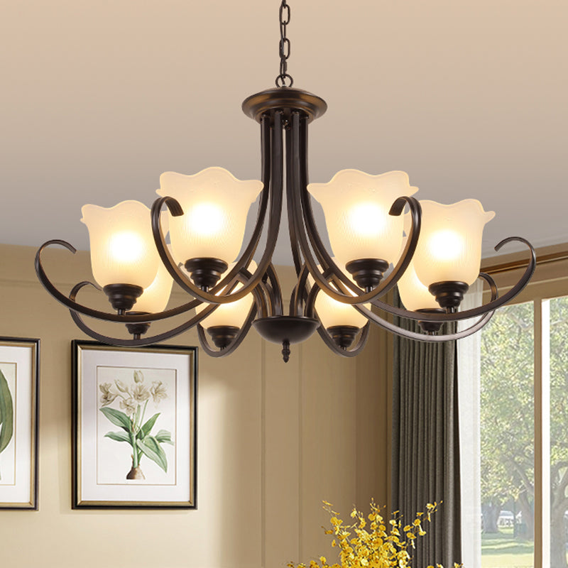 Retro Style Floral Shade Chandelier Light Frosted Glass Pendant Light Fixture with Curved Arm Clearhalo 'Ceiling Lights' 'Chandeliers' Lighting' options 2217011