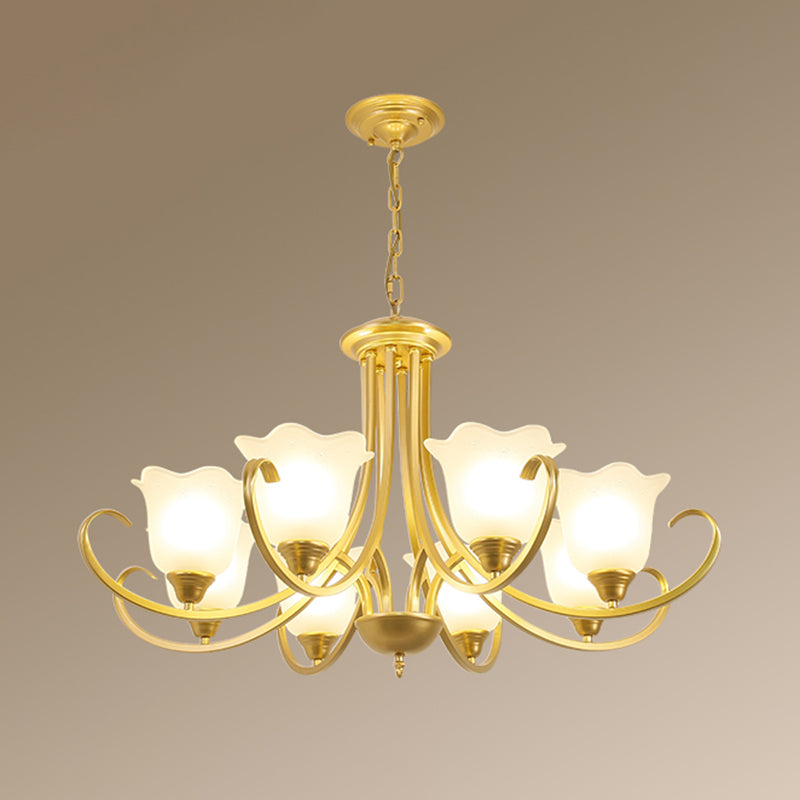 Retro Style Floral Shade Chandelier Light Frosted Glass Pendant Light Fixture with Curved Arm 8 Gold Clearhalo 'Ceiling Lights' 'Chandeliers' Lighting' options 2217012_aac37f3d-77d3-4910-8813-d115587c0910