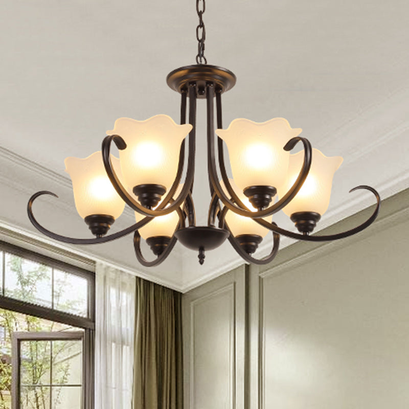 Retro Style Floral Shade Chandelier Light Frosted Glass Pendant Light Fixture with Curved Arm Clearhalo 'Ceiling Lights' 'Chandeliers' Lighting' options 2217015