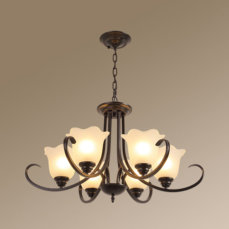 Retro Style Floral Shade Chandelier Light Frosted Glass Pendant Light Fixture with Curved Arm Clearhalo 'Ceiling Lights' 'Chandeliers' Lighting' options 2217016