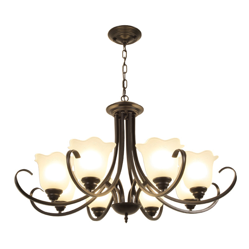 Retro Style Floral Shade Chandelier Light Frosted Glass Pendant Light Fixture with Curved Arm Clearhalo 'Ceiling Lights' 'Chandeliers' Lighting' options 2217017