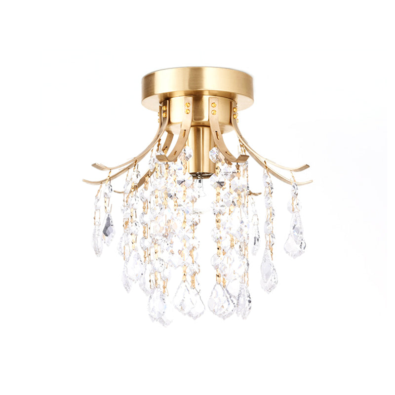 Raindrop Semi Flush Mount Light Postmodern Metal 1 Light Brass Corridor Ceiling Light with Crystal Accent Clearhalo 'Ceiling Lights' 'Close To Ceiling Lights' 'Close to ceiling' 'Semi-flushmount' Lighting' 221702