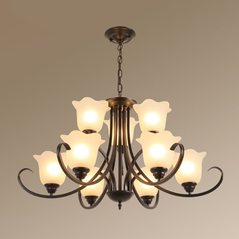 Retro Style Floral Shade Chandelier Light Frosted Glass Pendant Light Fixture with Curved Arm Clearhalo 'Ceiling Lights' 'Chandeliers' Lighting' options 2217020