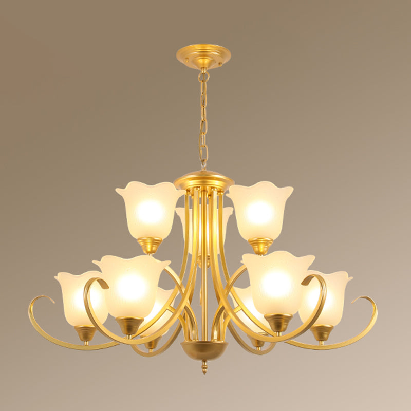 Retro Style Floral Shade Chandelier Light Frosted Glass Pendant Light Fixture with Curved Arm Clearhalo 'Ceiling Lights' 'Chandeliers' Lighting' options 2217021