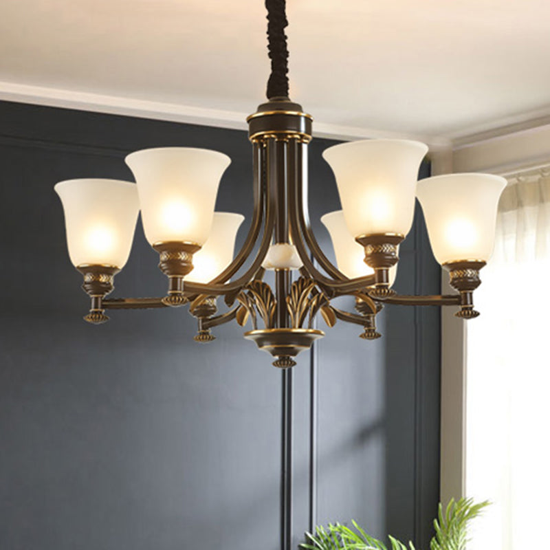 Flared Frosted Glass Suspension Light Rustic Living Room Chandelier Light in Black Clearhalo 'Ceiling Lights' 'Chandeliers' Lighting' options 2217024