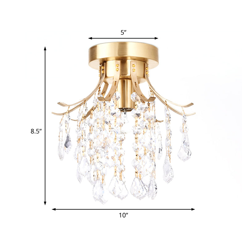 Raindrop Semi Flush Mount Light Postmodern Metal 1 Light Brass Corridor Ceiling Light with Crystal Accent Clearhalo 'Ceiling Lights' 'Close To Ceiling Lights' 'Close to ceiling' 'Semi-flushmount' Lighting' 221703