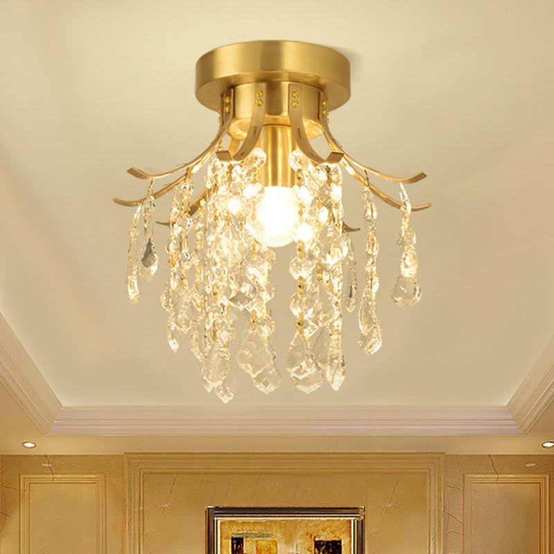 Raindrop Semi Flush Mount Light Postmodern Metal 1 Light Brass Corridor Ceiling Light with Crystal Accent Brass Clearhalo 'Ceiling Lights' 'Close To Ceiling Lights' 'Close to ceiling' 'Semi-flushmount' Lighting' 221704