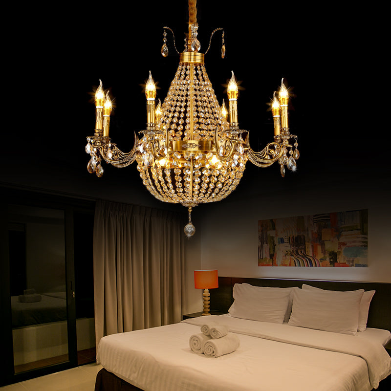 Candelabra Hanging Light Contemporary Metal 2/6/8 Lights Gold Chandelier Light with Crystal Strand, 27"/31" Wide Clearhalo 'Ceiling Lights' 'Chandeliers' Lighting' options 221705