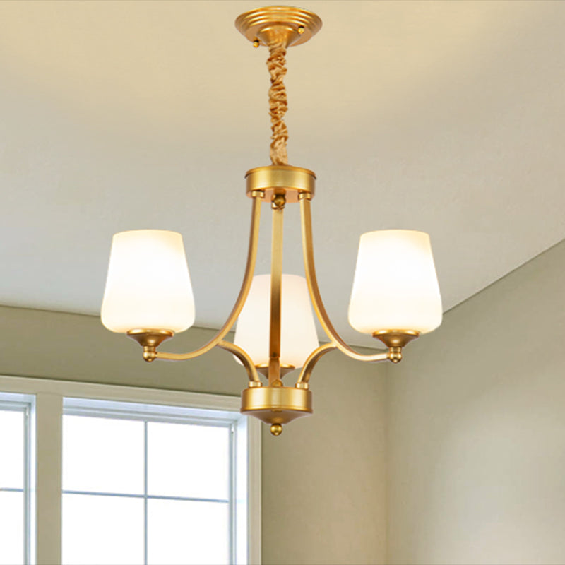 Vintage Bud Shade Chandelier Pendant Light Cream Glass Hanging Light for Living Room 3 Gold Clearhalo 'Ceiling Lights' 'Chandeliers' Lighting' options 2217058_d9ced722-657e-4f4a-b87b-ec177e5cf8b6