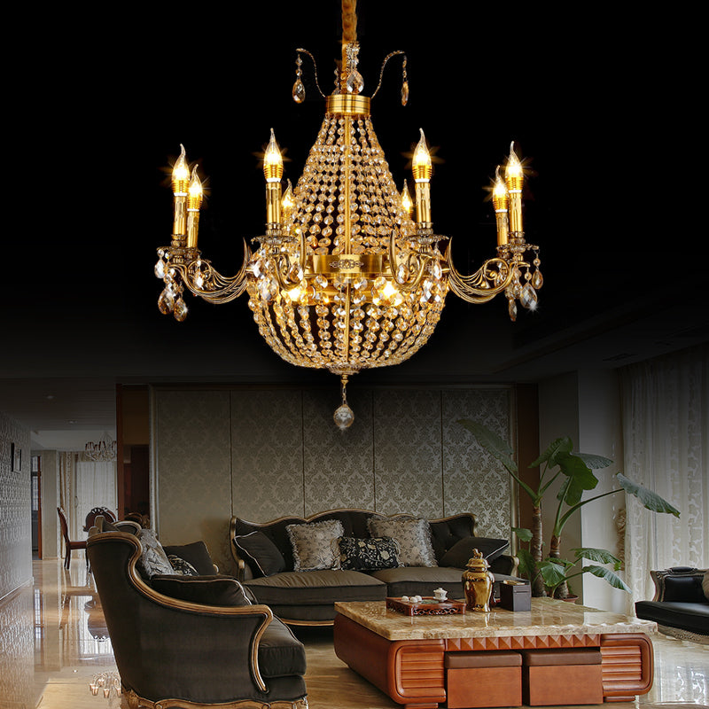 Candelabra Hanging Light Contemporary Metal 2/6/8 Lights Gold Chandelier Light with Crystal Strand, 27"/31" Wide Clearhalo 'Ceiling Lights' 'Chandeliers' Lighting' options 221706