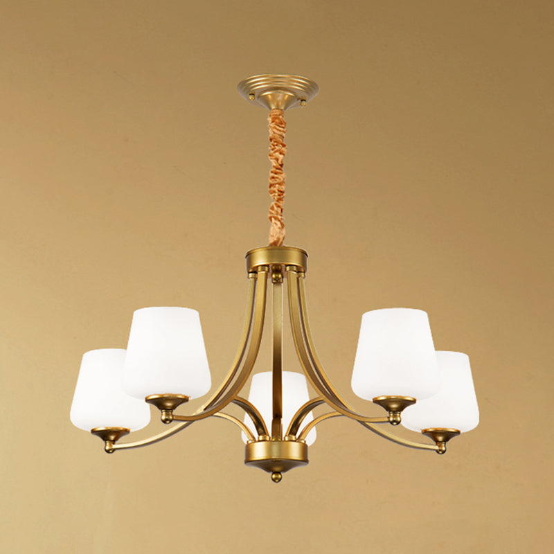 Vintage Bud Shade Chandelier Pendant Light Cream Glass Hanging Light for Living Room 5 Gold Clearhalo 'Ceiling Lights' 'Chandeliers' Lighting' options 2217063_fbf16604-98ee-46fa-8053-e5038c7274c4