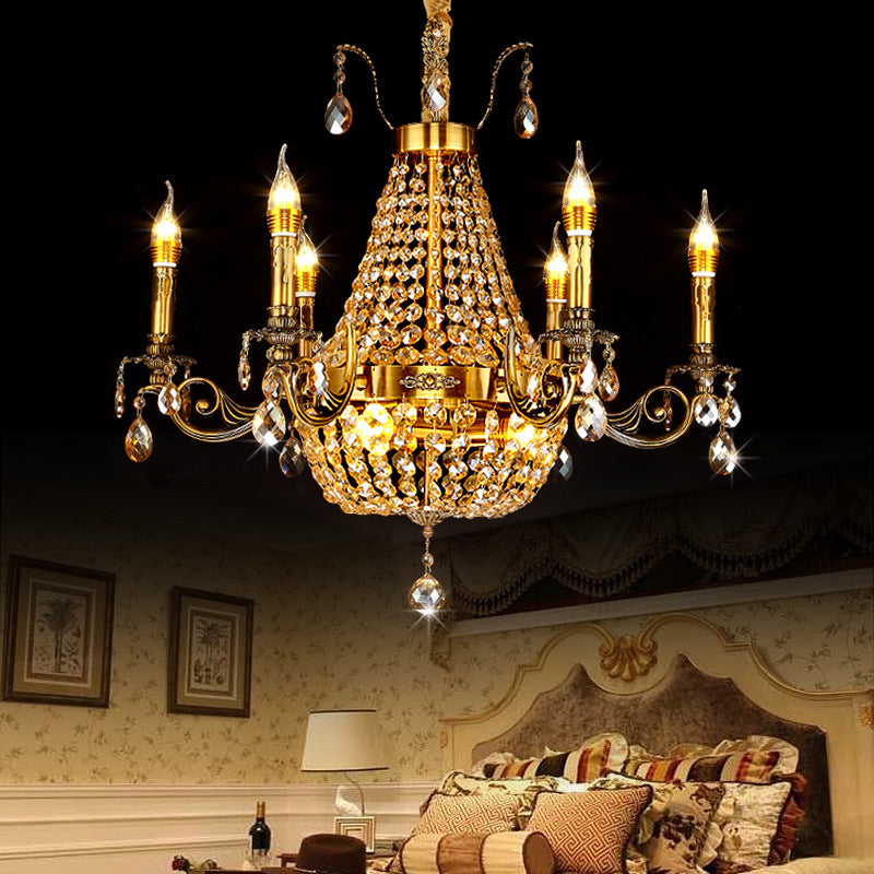 Candelabra Hanging Light Contemporary Metal 2/6/8 Lights Gold Chandelier Light with Crystal Strand, 27"/31" Wide Clearhalo 'Ceiling Lights' 'Chandeliers' Lighting' options 221709