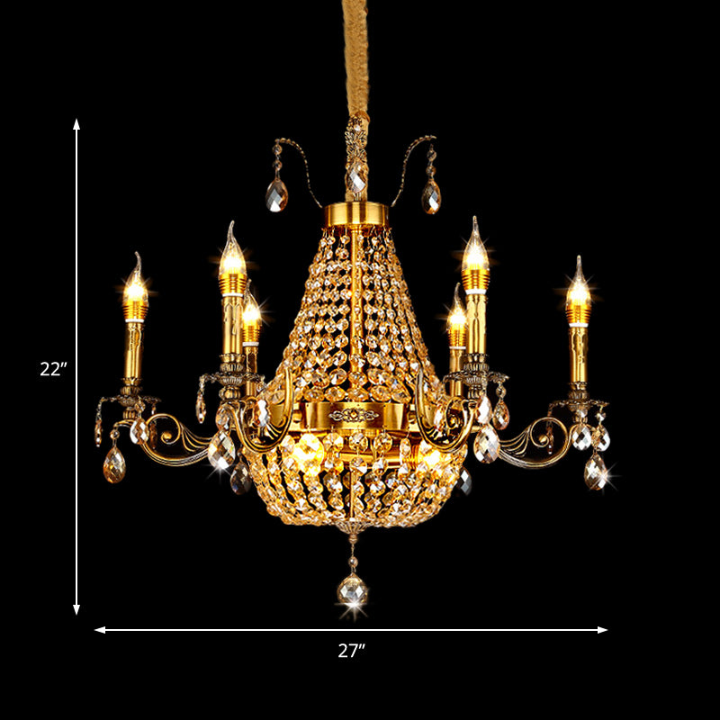 Candelabra Hanging Light Contemporary Metal 2/6/8 Lights Gold Chandelier Light with Crystal Strand, 27"/31" Wide Clearhalo 'Ceiling Lights' 'Chandeliers' Lighting' options 221711