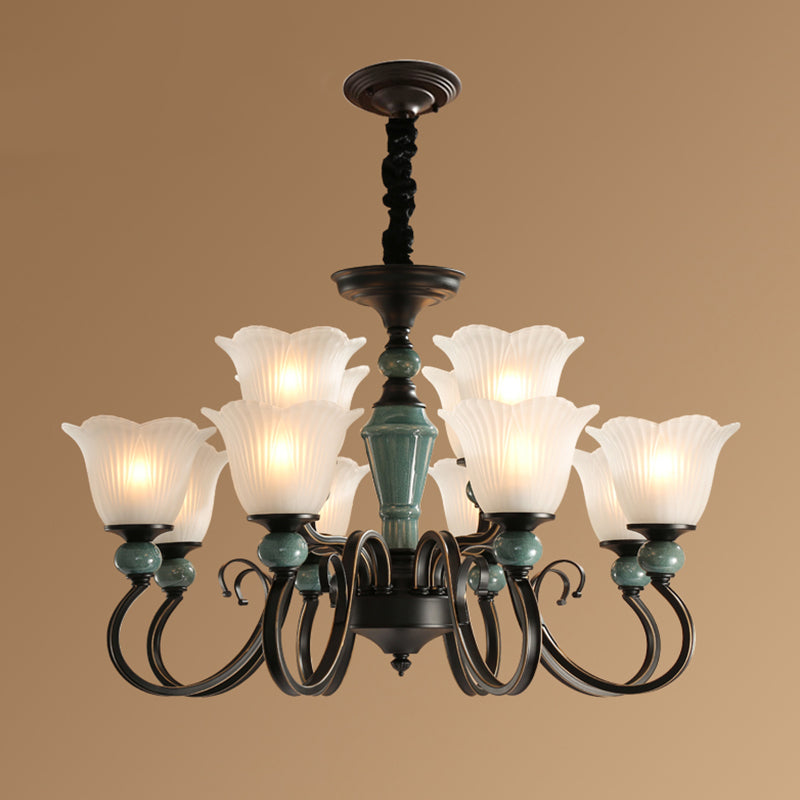 Flower Shade Ribbed Ruffled Glass Ceiling Lighting Traditional Living Room Chandelier Light Fixture 12 Light Green Clearhalo 'Ceiling Lights' 'Chandeliers' Lighting' options 2217114_cf1e703d-3585-4ea3-b361-cedcac0c7318