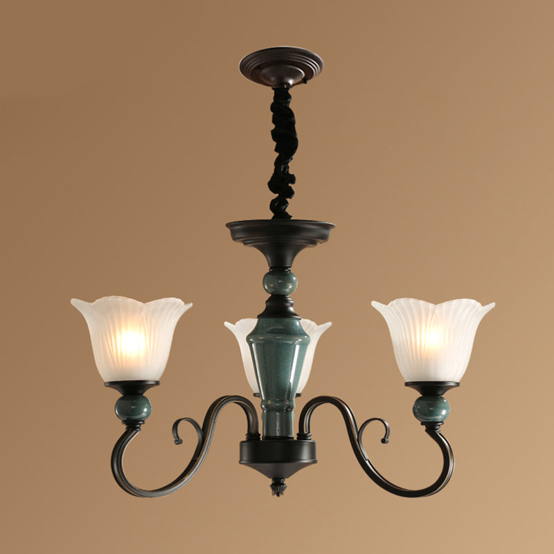 Flower Shade Ribbed Ruffled Glass Ceiling Lighting Traditional Living Room Chandelier Light Fixture 3 Light Green Clearhalo 'Ceiling Lights' 'Chandeliers' Lighting' options 2217118_619b546f-9175-4677-843a-856a44e4ed56