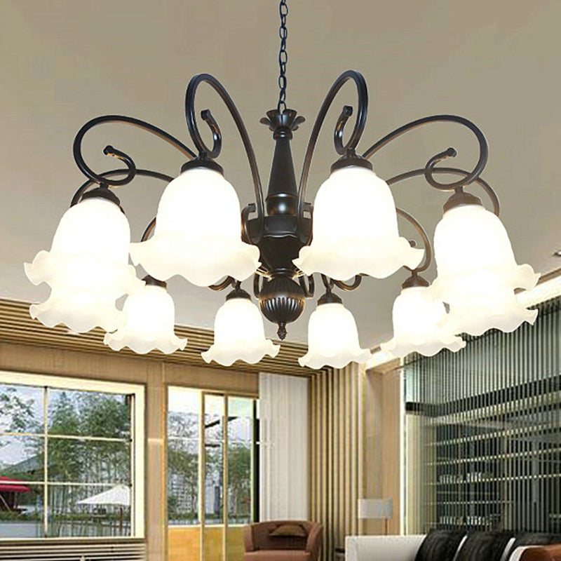 Ruffle Glass Floral Shade Chandelier Pendant Light Vintage Dining Room Hanging Light in Black Clearhalo 'Ceiling Lights' 'Chandeliers' Lighting' options 2217119