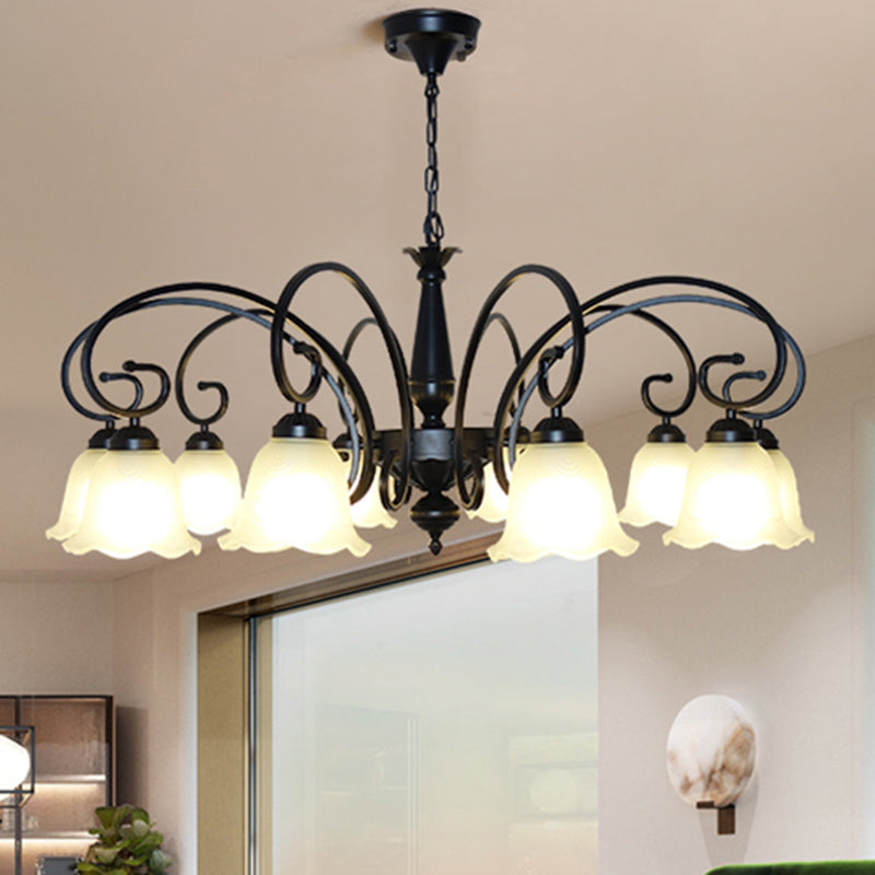 Ruffle Glass Floral Shade Chandelier Pendant Light Vintage Dining Room Hanging Light in Black Clearhalo 'Ceiling Lights' 'Chandeliers' Lighting' options 2217123