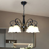 Ruffle Glass Floral Shade Chandelier Pendant Light Vintage Dining Room Hanging Light in Black Clearhalo 'Ceiling Lights' 'Chandeliers' Lighting' options 2217126