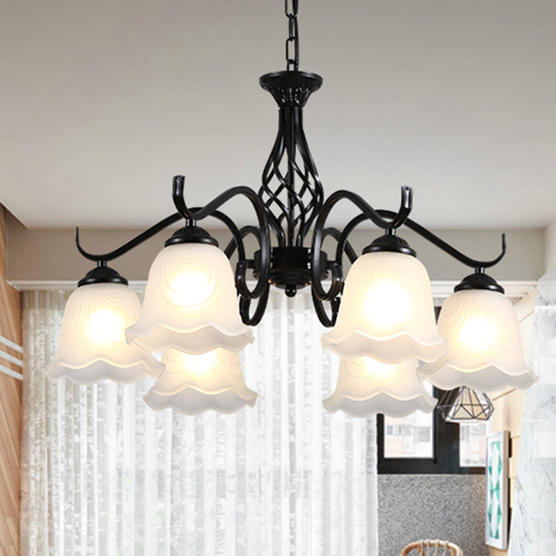 Retro Bell Chandelier Light Ruffle Glass Pendant Light Fixture with Curved Arm for Dining Room Clearhalo 'Ceiling Lights' 'Chandeliers' Lighting' options 2217129