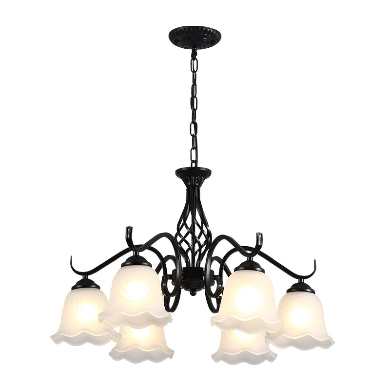 Retro Bell Chandelier Light Ruffle Glass Pendant Light Fixture with Curved Arm for Dining Room Clearhalo 'Ceiling Lights' 'Chandeliers' Lighting' options 2217130