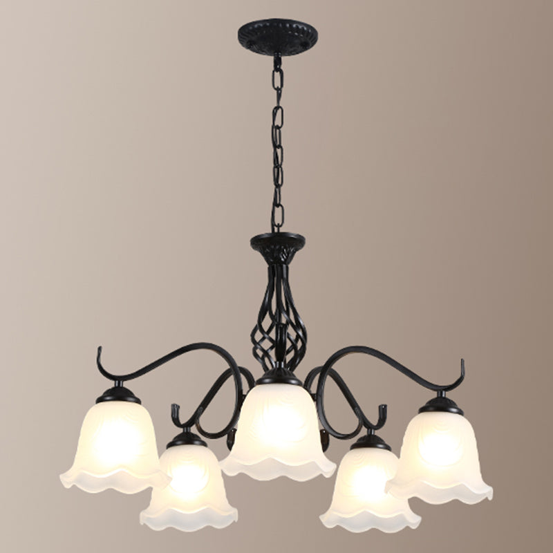 Retro Bell Chandelier Light Ruffle Glass Pendant Light Fixture with Curved Arm for Dining Room Clearhalo 'Ceiling Lights' 'Chandeliers' Lighting' options 2217135