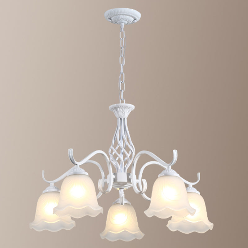 Retro Bell Chandelier Light Ruffle Glass Pendant Light Fixture with Curved Arm for Dining Room 5 White B Clearhalo 'Ceiling Lights' 'Chandeliers' Lighting' options 2217136_22a548da-8c17-4a83-80a8-bc63f9dab14b