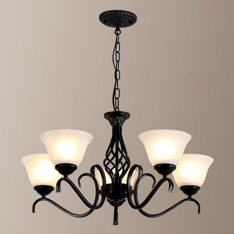 Retro Bell Chandelier Light Ruffle Glass Pendant Light Fixture with Curved Arm for Dining Room Clearhalo 'Ceiling Lights' 'Chandeliers' Lighting' options 2217137