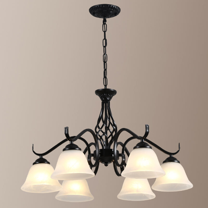 Retro Bell Chandelier Light Ruffle Glass Pendant Light Fixture with Curved Arm for Dining Room Clearhalo 'Ceiling Lights' 'Chandeliers' Lighting' options 2217140