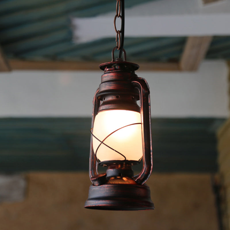 Antique Lantern Kerosene Light 1-Light Frosted Glass Hanging Light Fixture for Bedside Clearhalo 'Art Deco Pendants' 'Cast Iron' 'Ceiling Lights' 'Ceramic' 'Crystal' 'Industrial Pendants' 'Industrial' 'Metal' 'Middle Century Pendants' 'Pendant Lights' 'Pendants' 'Tiffany' Lighting' 2217158