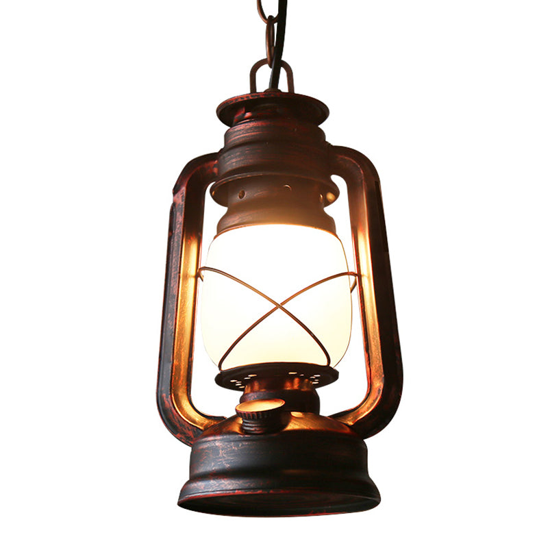 Antique Lantern Kerosene Light 1-Light Frosted Glass Hanging Light Fixture for Bedside Clearhalo 'Art Deco Pendants' 'Cast Iron' 'Ceiling Lights' 'Ceramic' 'Crystal' 'Industrial Pendants' 'Industrial' 'Metal' 'Middle Century Pendants' 'Pendant Lights' 'Pendants' 'Tiffany' Lighting' 2217163