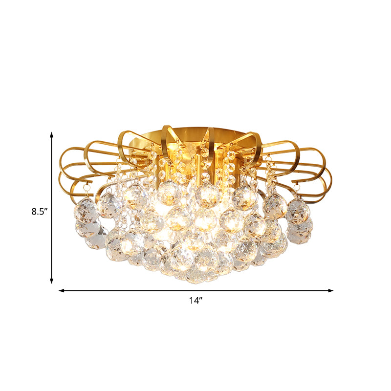 Gold Cascade Flush Mount Light Modern 3/5 Lights Crystal Ball Ceiling Mounted Light, 14"/18" Wide Clearhalo 'Ceiling Lights' 'Close To Ceiling Lights' 'Close to ceiling' 'Flush mount' Lighting' 221721