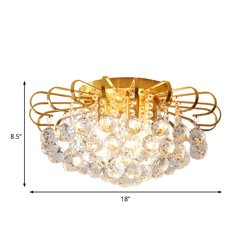 Gold Cascade Flush Mount Light Modern 3/5 Lights Crystal Ball Ceiling Mounted Light, 14"/18" Wide Clearhalo 'Ceiling Lights' 'Close To Ceiling Lights' 'Close to ceiling' 'Flush mount' Lighting' 221722