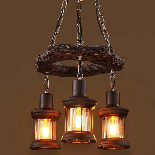 Distressed Wood Lantern Suspension Light Retro Style Clear Glass Restaurant Chandelier Light 3 Distressed Wood Clearhalo 'Carpenter Chandeliers' 'Ceiling Lights' 'Chandeliers' 'Industrial Chandeliers' 'Industrial' 'Middle Century Chandeliers' 'Modern' 'Tiffany' Lighting' 2217226