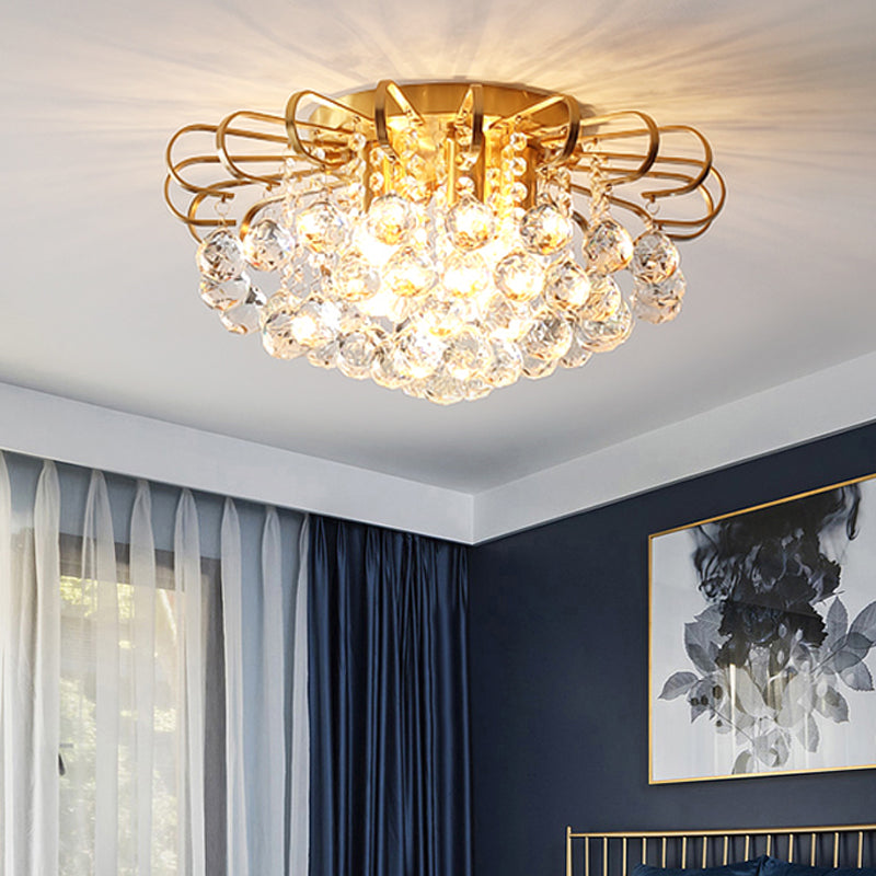 Gold Cascade Flush Mount Light Modern 3/5 Lights Crystal Ball Ceiling Mounted Light, 14"/18" Wide Gold Clearhalo 'Ceiling Lights' 'Close To Ceiling Lights' 'Close to ceiling' 'Flush mount' Lighting' 221725