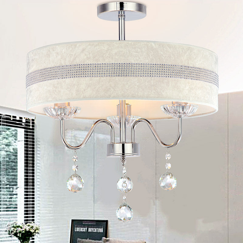 Nordic Drum Fabric Chandelier Light 3/4 Lights Ceiling Light with Crystal Drop in Chrome for Bedroom Clearhalo 'Ceiling Lights' 'Chandeliers' 'Modern Chandeliers' 'Modern' Lighting' 221726