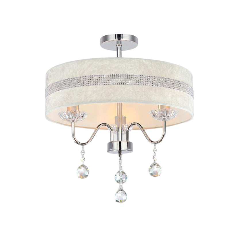 Nordic Drum Fabric Chandelier Light 3/4 Lights Ceiling Light with Crystal Drop in Chrome for Bedroom Clearhalo 'Ceiling Lights' 'Chandeliers' 'Modern Chandeliers' 'Modern' Lighting' 221728