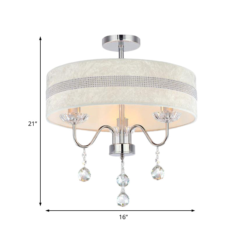 Nordic Drum Fabric Chandelier Light 3/4 Lights Ceiling Light with Crystal Drop in Chrome for Bedroom Clearhalo 'Ceiling Lights' 'Chandeliers' 'Modern Chandeliers' 'Modern' Lighting' 221729