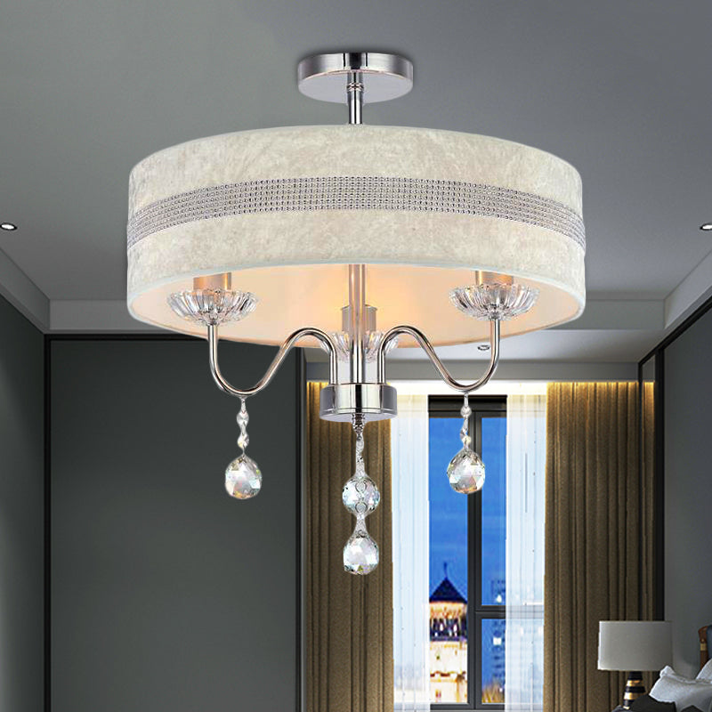 Nordic Drum Fabric Chandelier Light 3/4 Lights Ceiling Light with Crystal Drop in Chrome for Bedroom 3 Chrome Clearhalo 'Ceiling Lights' 'Chandeliers' 'Modern Chandeliers' 'Modern' Lighting' 221731