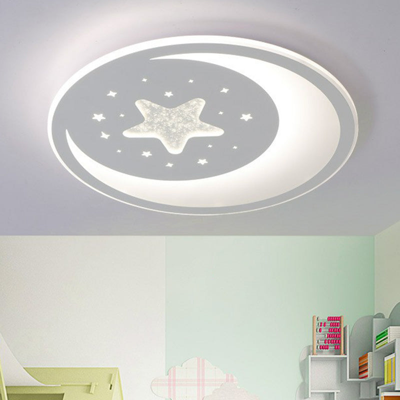 Crescent and Star Metallic LED Flush Mount Modern White Flushmount Ceiling Light for Kids Bedroom White White Clearhalo 'Ceiling Lights' 'Close To Ceiling Lights' 'Close to ceiling' 'Flush mount' Lighting' 2217623