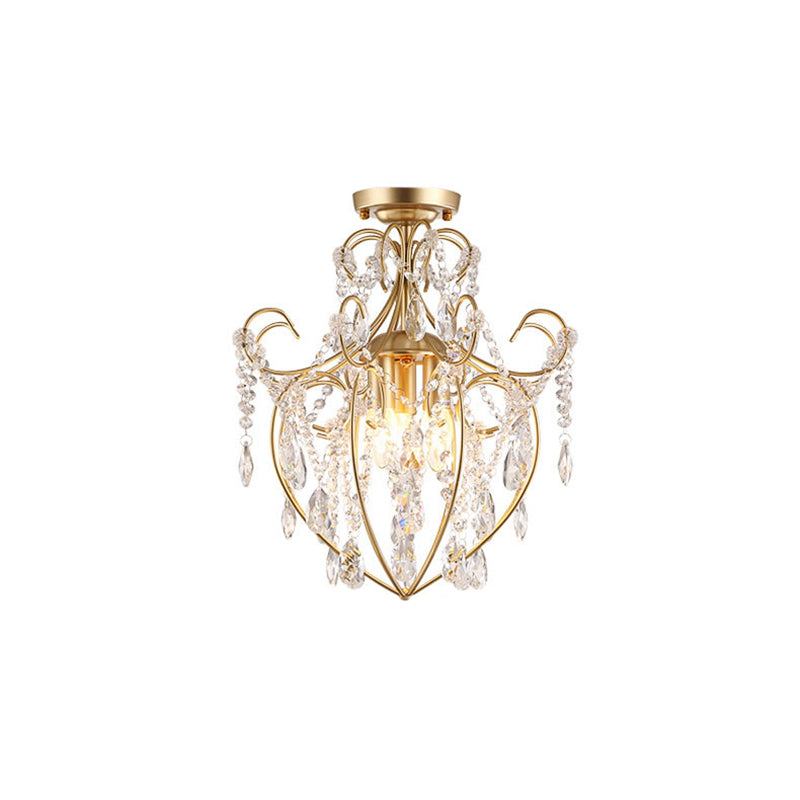 Curve Arm Semi Flush Mount Light Postmodern Crystal Strand 3 Lights Brass Ceiling Fixture Clearhalo 'Ceiling Lights' 'Close To Ceiling Lights' 'Close to ceiling' 'Semi-flushmount' Lighting' 221774