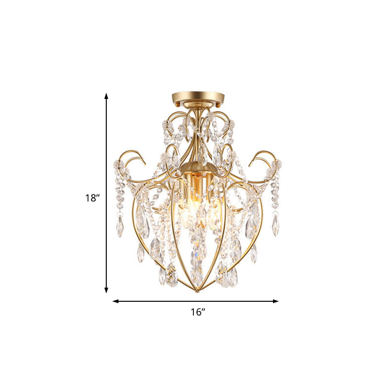 Curve Arm Semi Flush Mount Light Postmodern Crystal Strand 3 Lights Brass Ceiling Fixture Clearhalo 'Ceiling Lights' 'Close To Ceiling Lights' 'Close to ceiling' 'Semi-flushmount' Lighting' 221775