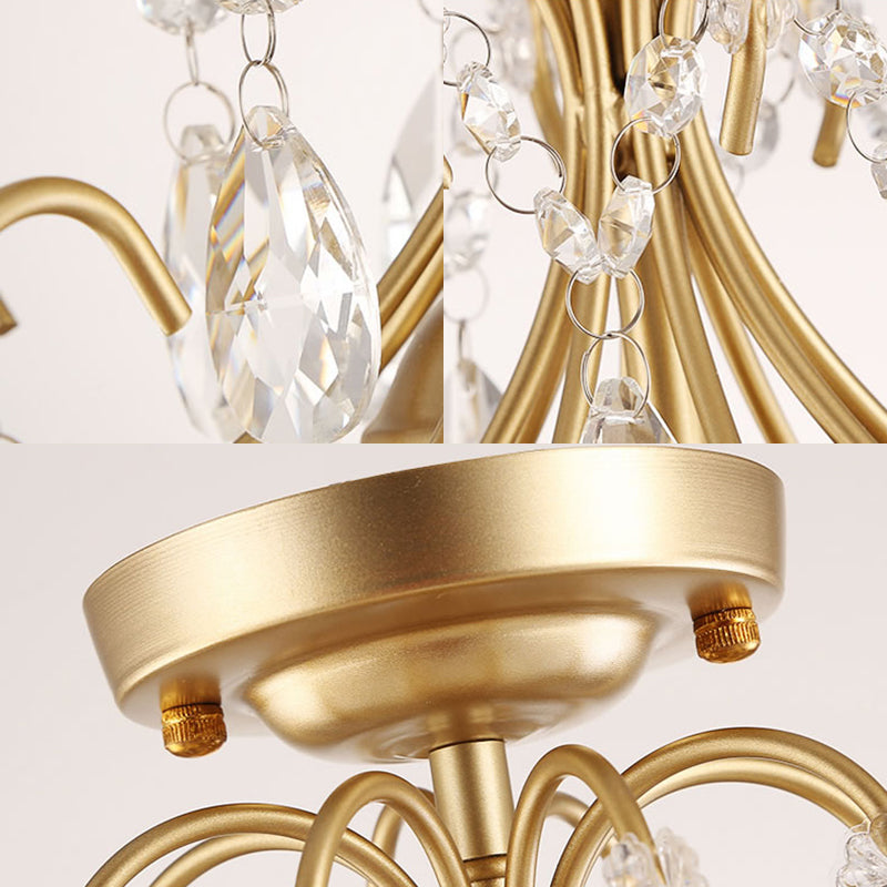 Curve Arm Semi Flush Mount Light Postmodern Crystal Strand 3 Lights Brass Ceiling Fixture Clearhalo 'Ceiling Lights' 'Close To Ceiling Lights' 'Close to ceiling' 'Semi-flushmount' Lighting' 221776