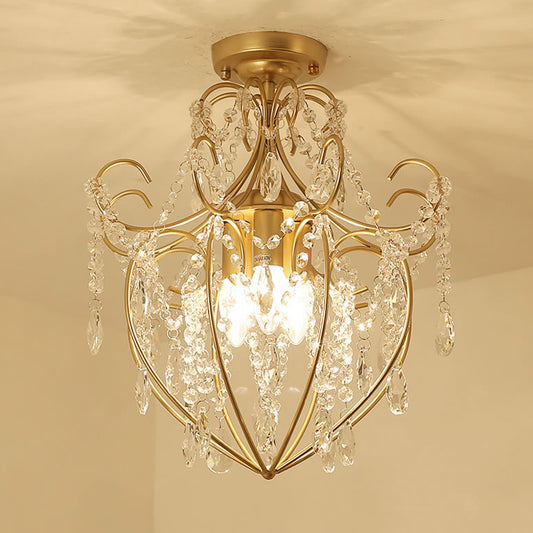 Curve Arm Semi Flush Mount Light Postmodern Crystal Strand 3 Lights Brass Ceiling Fixture Brass Clearhalo 'Ceiling Lights' 'Close To Ceiling Lights' 'Close to ceiling' 'Semi-flushmount' Lighting' 221777